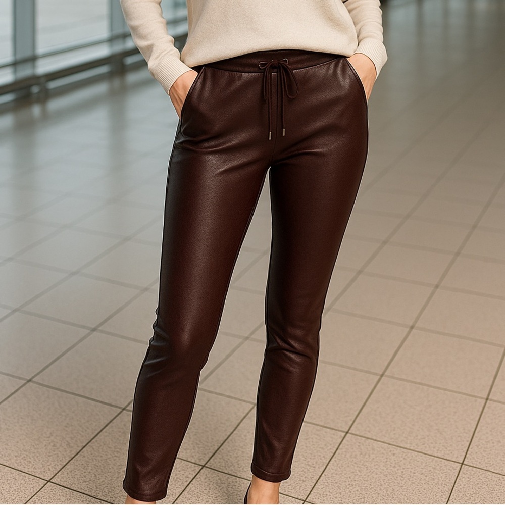 RACHEL ZOE Faux Leather Coated women’s Leggings Brown Stretch Pants, SIZE XS